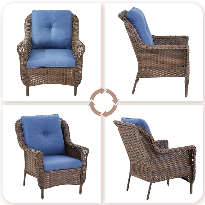 Patio Wicker Chairs Outdoor Furniture Chair - Set of 4 Outside All Weather Lawn Dining Brown Rattan Armchair with High Back&Deep Seating for Deck Porch Balcony Backyard Garden - Navy Blue