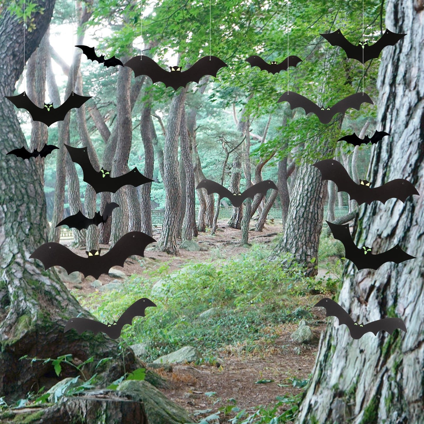 12 Pack Halloween Decorations Hanging Bats - 3 Style Scary Hanging Bat Set with 3D Bats Sticker, Outdoor Scary Flying Bats Set for Yard, Haunted House, Party - Indoor Outdoor Waterproof Decor
