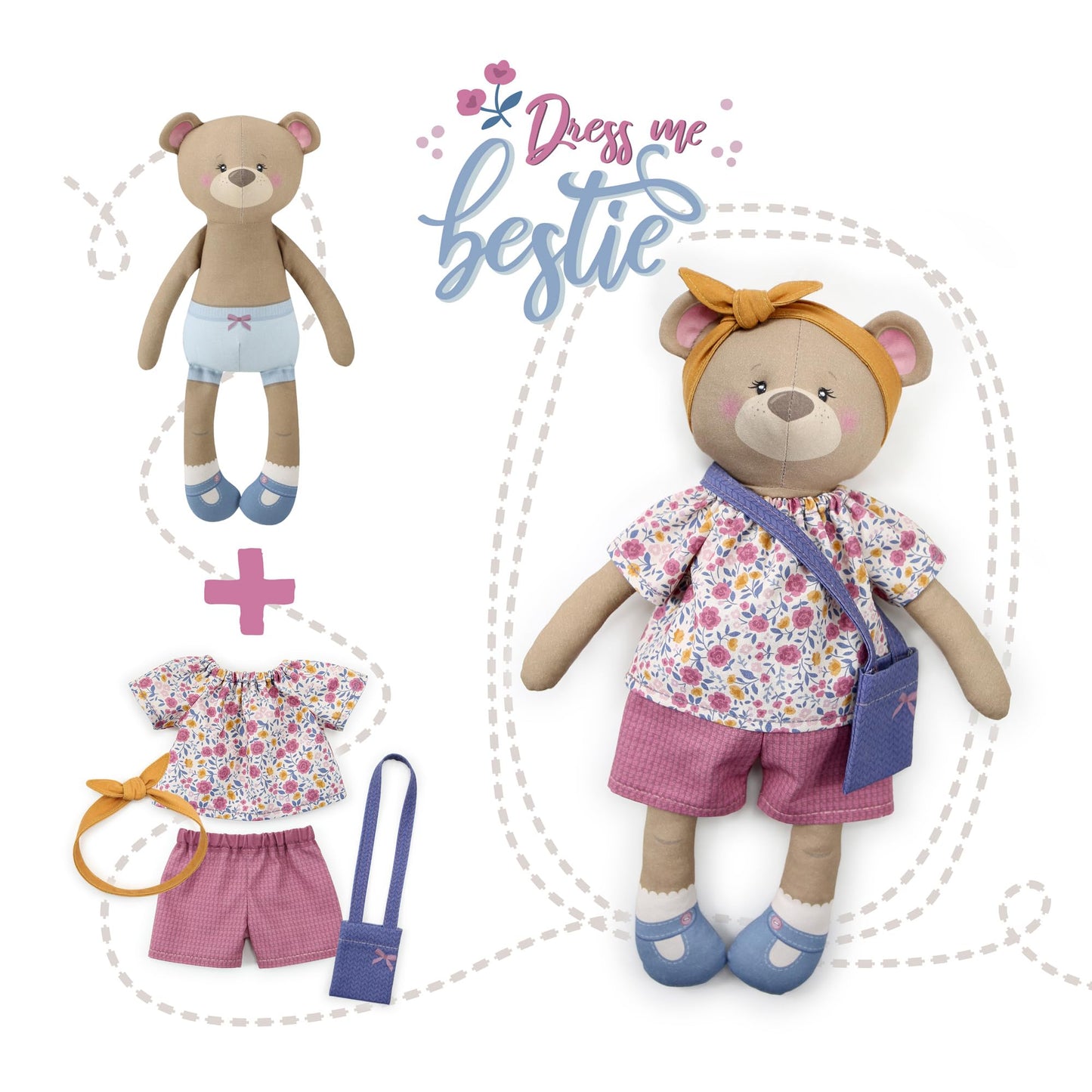kullaloo - Sewing Kit for Kids & Beginners - Cut & Sew Fabric Panel – Sewing Patterns Pre-Printed on the Fabric - DIY Rag Doll Kit with Clothes - Betsy Bear Sewing Project - Incl. Video Instructions