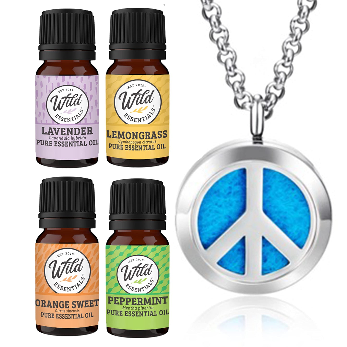 Wild Essentials Peace Sign Necklace Essential Oil Diffuser Kit with Lavender, Lemongrass, Peppermint, Orange Oils, 12 Refill Pads, Calming Aromatherapy Gift Set, Customizable Color Changing, Perfume