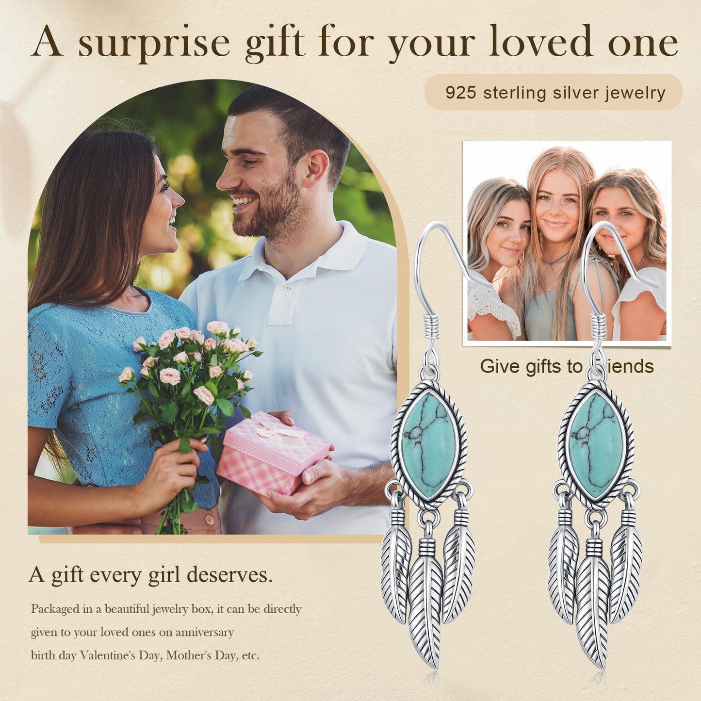 KoyeKei Turquoise Feather Dangle Drop Earrings for Women Western 925 Sterling Silver Feather Boho Leaf Statement Earrings Country Vintage Jewelry Christmas Gifts