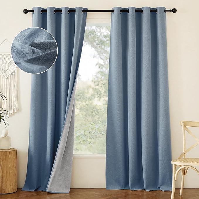NICETOWN Stone Blue Full Shade Faux Linen Curtain Panels 90" Long, Pair of Energy Smart & Noise Blocking Out Blackout Drapes for Guest Room Window, Thermal Insulated Lined Window Dressing (52 inch)