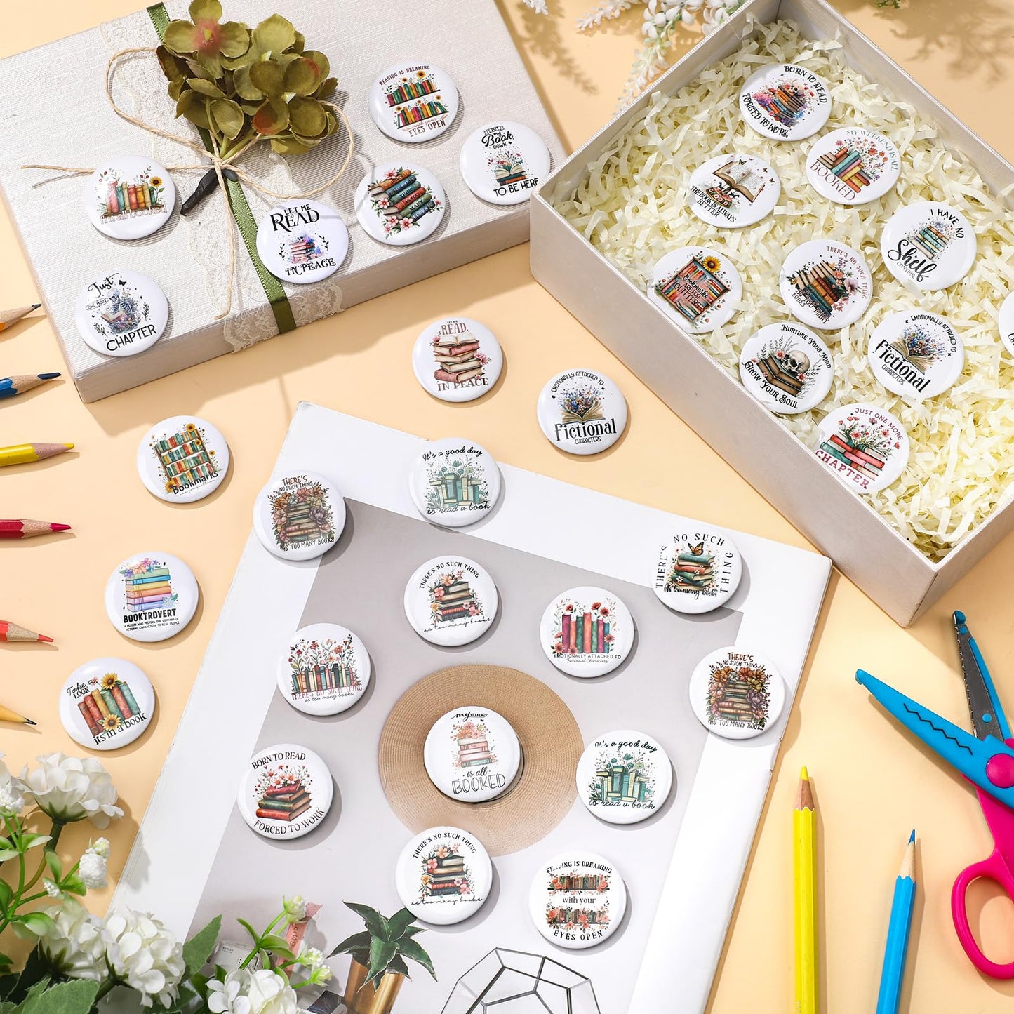 Suncalla 60 Pcs Bookish Pins Book Lover Skull Spooky/Flower/Boho Graduation Gift Buttons Pins for Backpacks with Secure Back for Bookworms, Librarians & Readers Students, Educators(Flower)