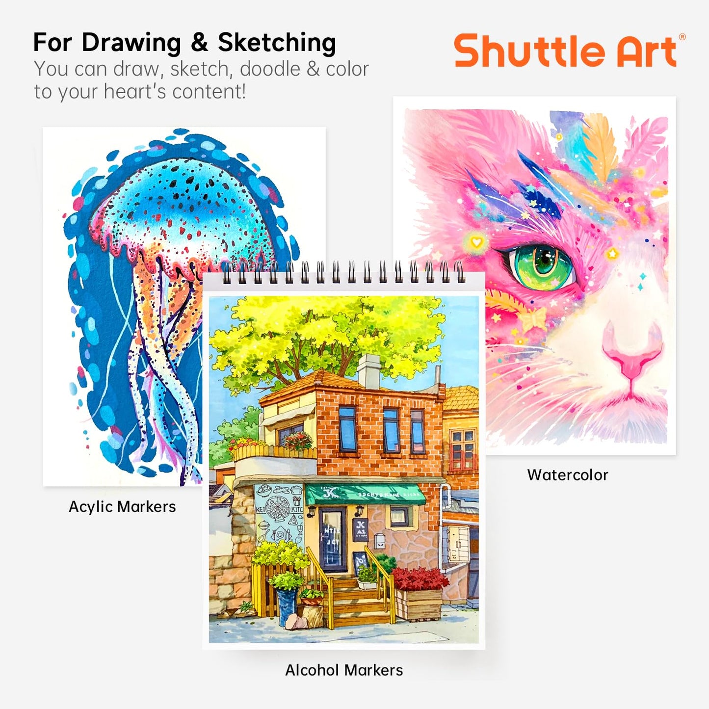 Shuttle Art Marker Pad, 12”x9” Portable Sketchbook, 70 Sheets Marker Drawing Paper, 110LB/180GSM Smooth Surface Bleedproof Art Paper, Spiral-Bound, Great for Artists to Draw, Paint & Sketch
