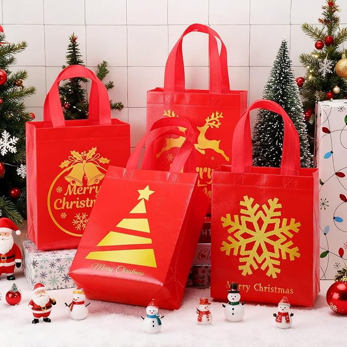 Wesnoy 48 Pcs Christmas Gift Bags Bulk 10 x 8 x 4 Inch Red Gold Goodies Bags Reusable Non Woven Christmas Party Favors Candy Treat Totes with Handles for Holiday Gift Birthday Party Supplies