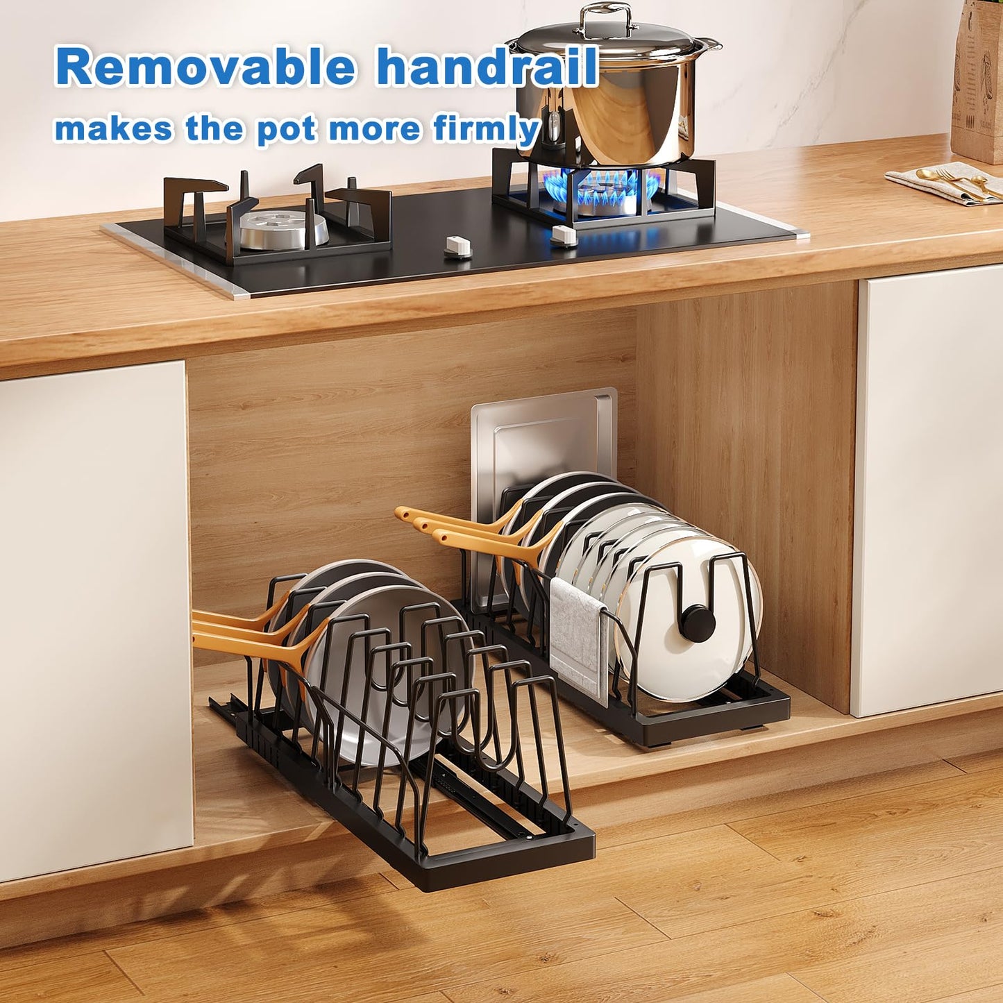 Mustorn Pots and Pans Organizer Under Cabinet, 21.6" Deep Pull Out Pot Lid Organizer Holder with Guardrail Adhesive Pot and Pan Holder Rack with 10 Adjustable Dividers-1 Pack(Black)