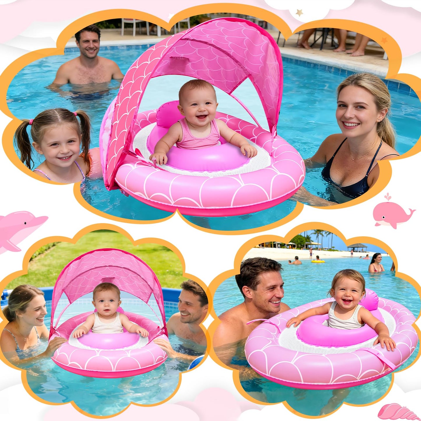 Baby Float with Canopy for Age 6-36 Months, UPF50+ Sun Protection 4 Stage Adjustable Canopy Dual Air Chambers Adjustable Safety Seat Inflatable Swim Pool Float for Baby Toddler