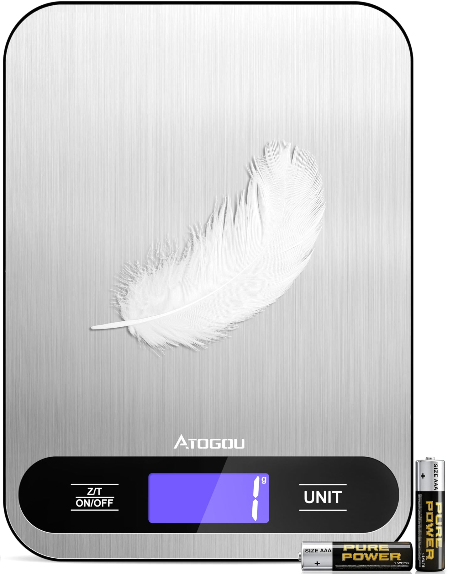 Atogou Food Scale, 33lb/ 15kg Digital Kitchen Scale with Full View LCD Display, Durable Stainless Steel Surface, for Cooking, Baking, Meal Prep Black