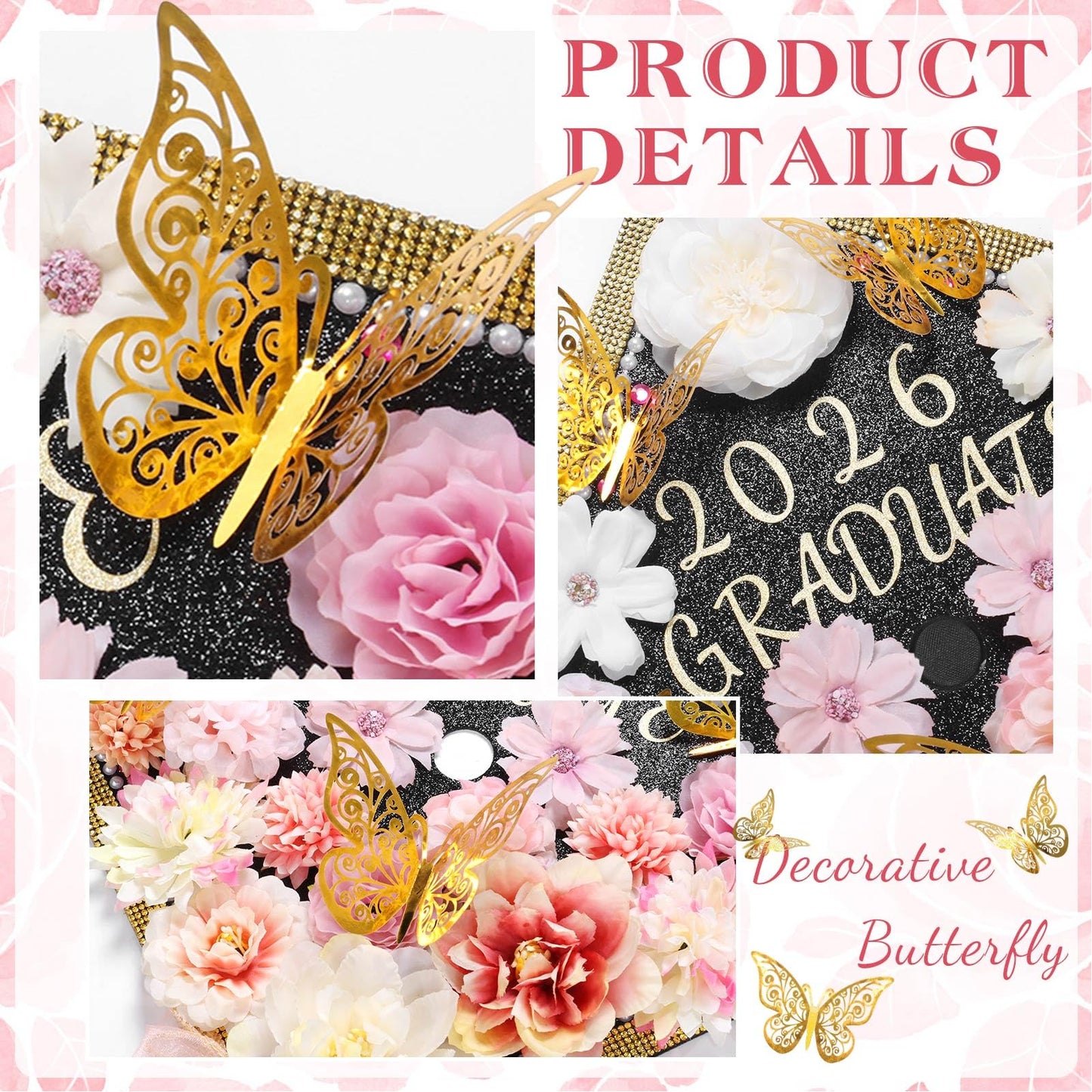 Harsever 48Pcs Graduation Cap Decorations DIY Kit,Grad Cap Decorations Decor with Faux Flower 3D Butterfly Rhinestones Alphabet Letter Stickers for DIY Graduation Party Supplies (Pink)