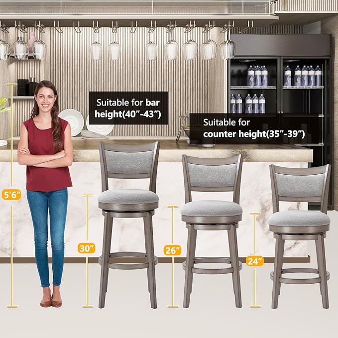 PrimeZone Swivel Bar Stools Set of 4, 26 Inch Counter Height Barstools, High Back Bar Stool with Solid Wood Legs & Wrap-Around Footrest, Counter Stools for Kitchen Island, Pub, Grey