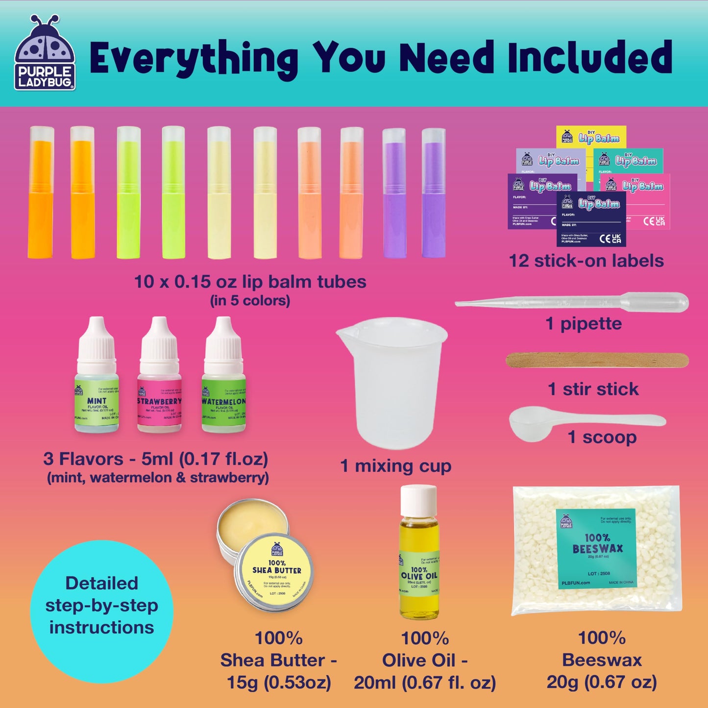 PURPLE LADYBUG DIY Lip Balm Making Kit - STEM Gifts for 10 Year Old Girl & Great 9 Year Old Girl Birthday Gifts - Science Kits for Kids Age 8-12, Make Your Own 10 Experiment Lip Balm with 3 Flavors