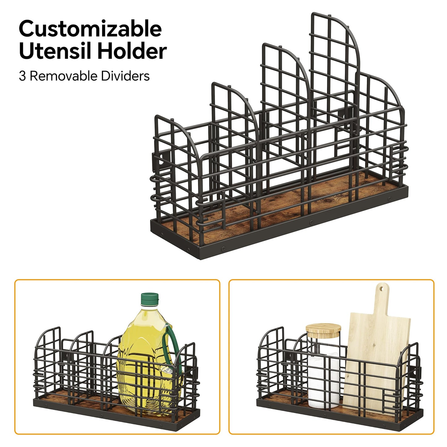 Large Utensil Holder for Kitchen Counter, Wall Mounted Cooking Utensil Holder with 4 Adjustable Compartments, Countertop Caddy, Kitchen Organizer for Countertop, Pantry, Party, Rustic Black and Brown