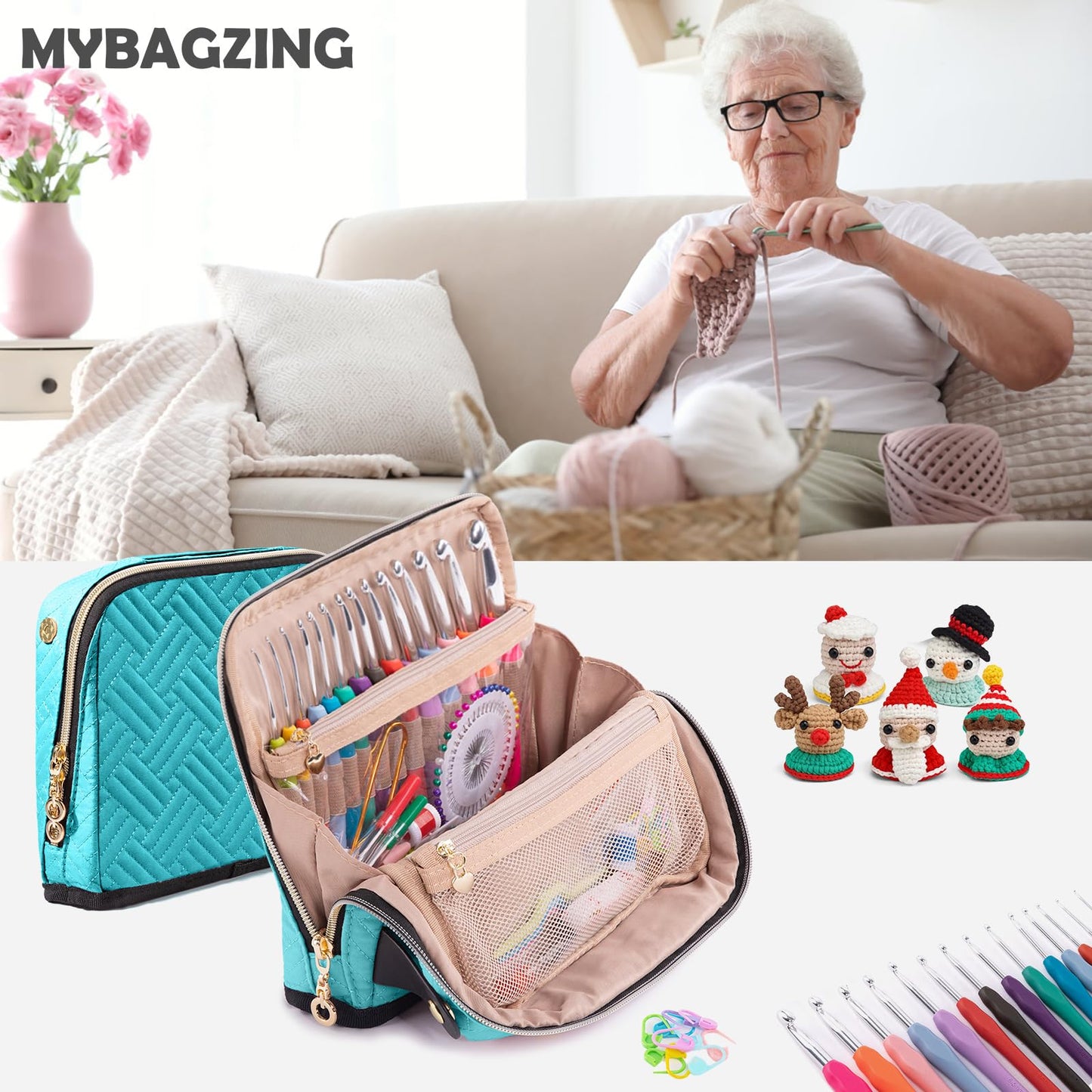 MYBAGZING Crochet Hook Case with 14 Size Crochet Hooks Set 2mm(B)-10mm(N) Ergonomic Crochet Hooks with Crochet Case Stand Up - Crochet Hook Organize for Crochet Lovers, Crochet Kit for Beginners
