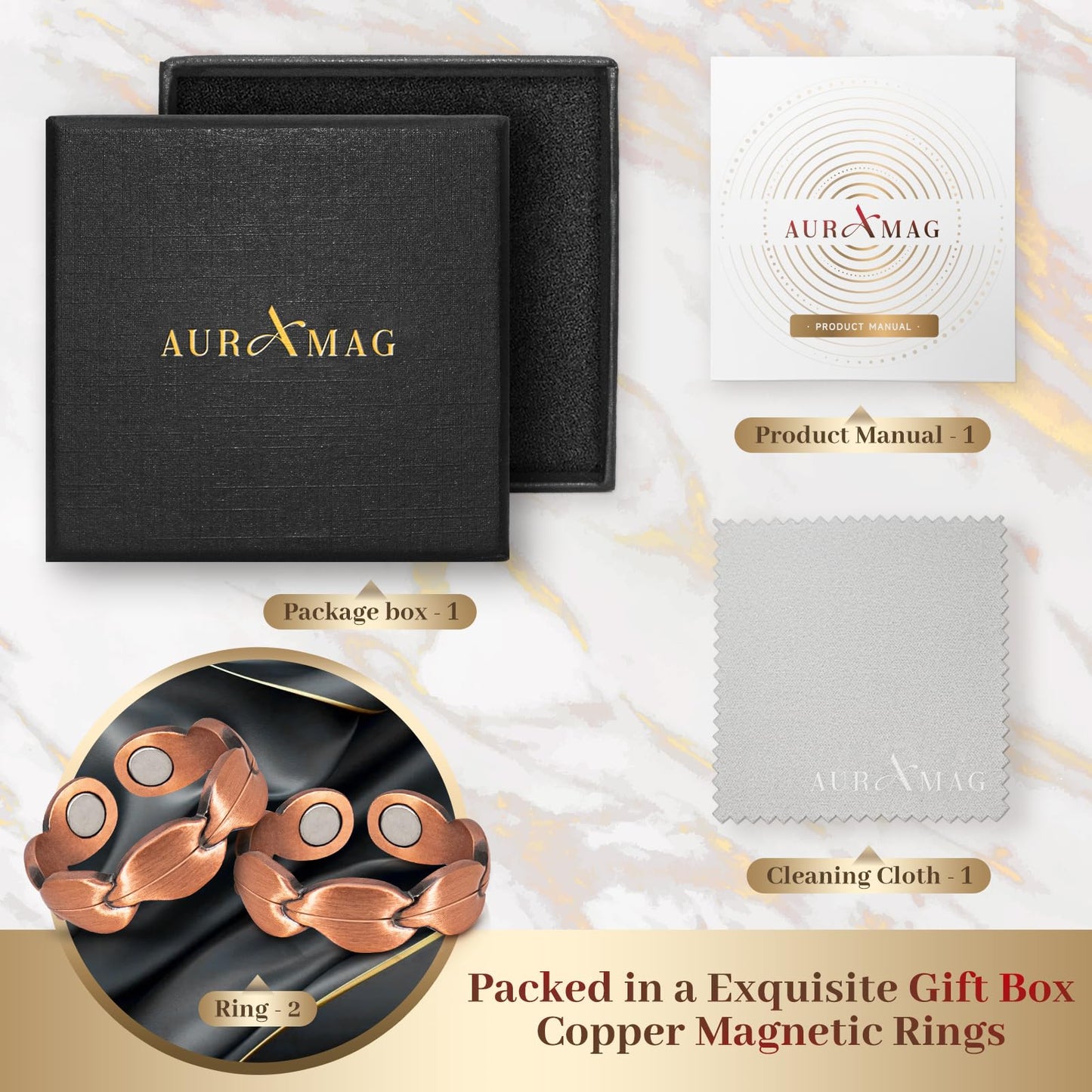 Auramag Copper Rings for Women, Magnetic Thumb Rings with 3500 Gauss Magnets, 100% Pure Copper, Jewelry with Gift Box (2 PCS)