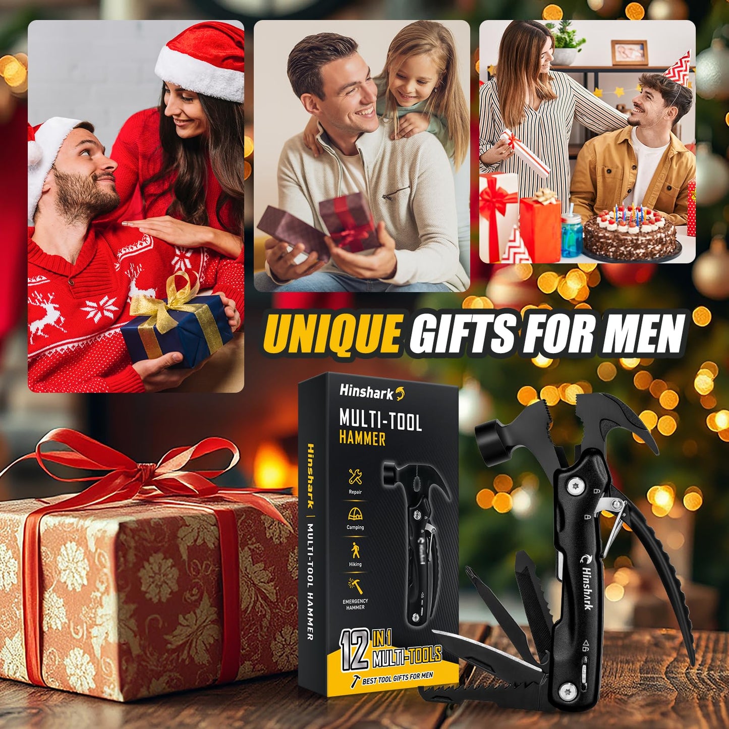Gifts for Men, 12 in 1 Hammer Multitool, Anniversary Birthday Gift for Men Dad Husband Him Grandpa, Unique Gifts for Dad Who Have Everything, Camping Essentials Cool Gadgets Tools