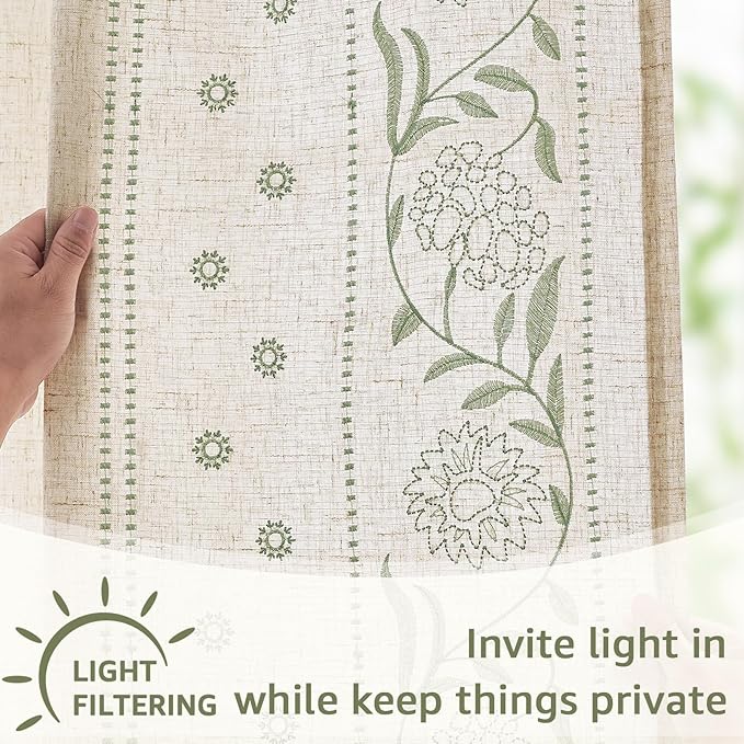 jinchan Winslow 4 Panel Curtains Set 96 Inch Length Embroidered Bordered Floral Curtains for Living Room Farmhouse Decor Light Filtering Window Treatments Sage on Beige Drapes 4 Panels