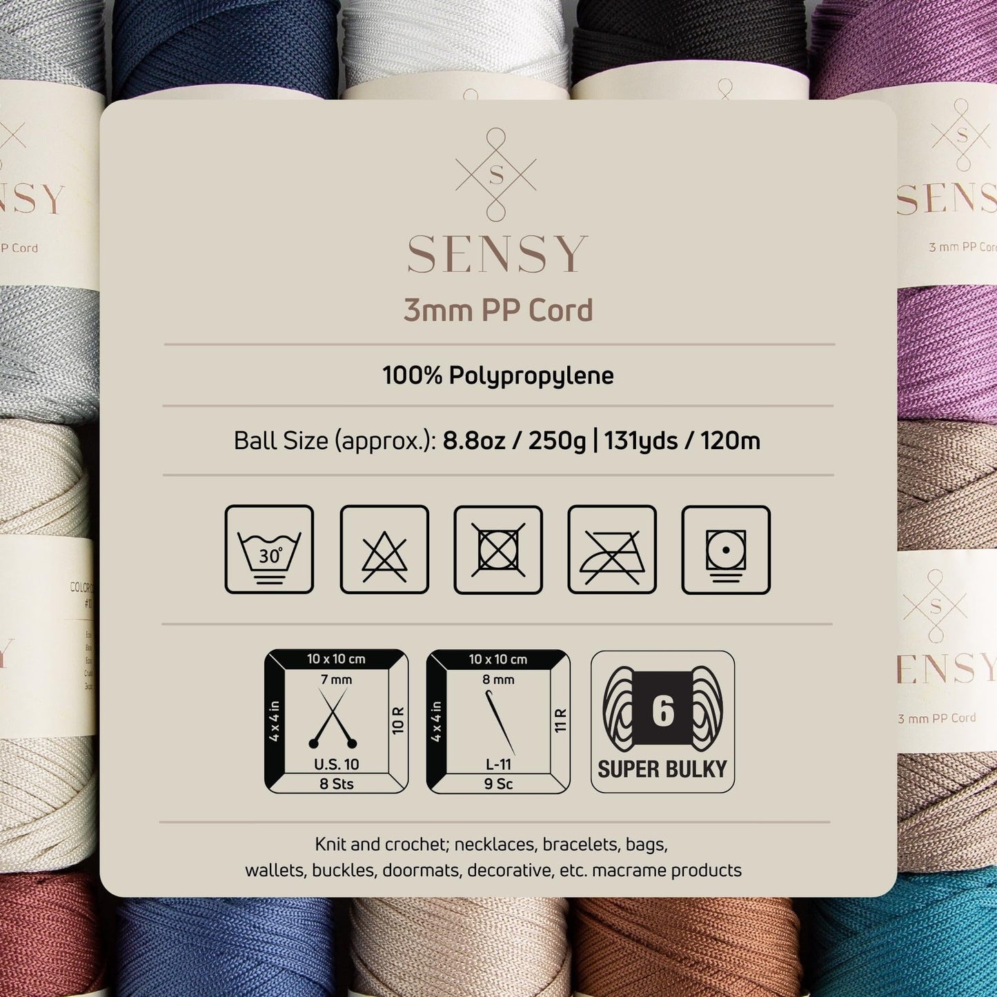 Sensy Premium 3mm 131 Yards Polyester Rope 100% Polypropylene Cord Macrame Cord 3mm Crochet Bag Cord Macrame Rope Crochet Thread Gift for Knitter (Grey)