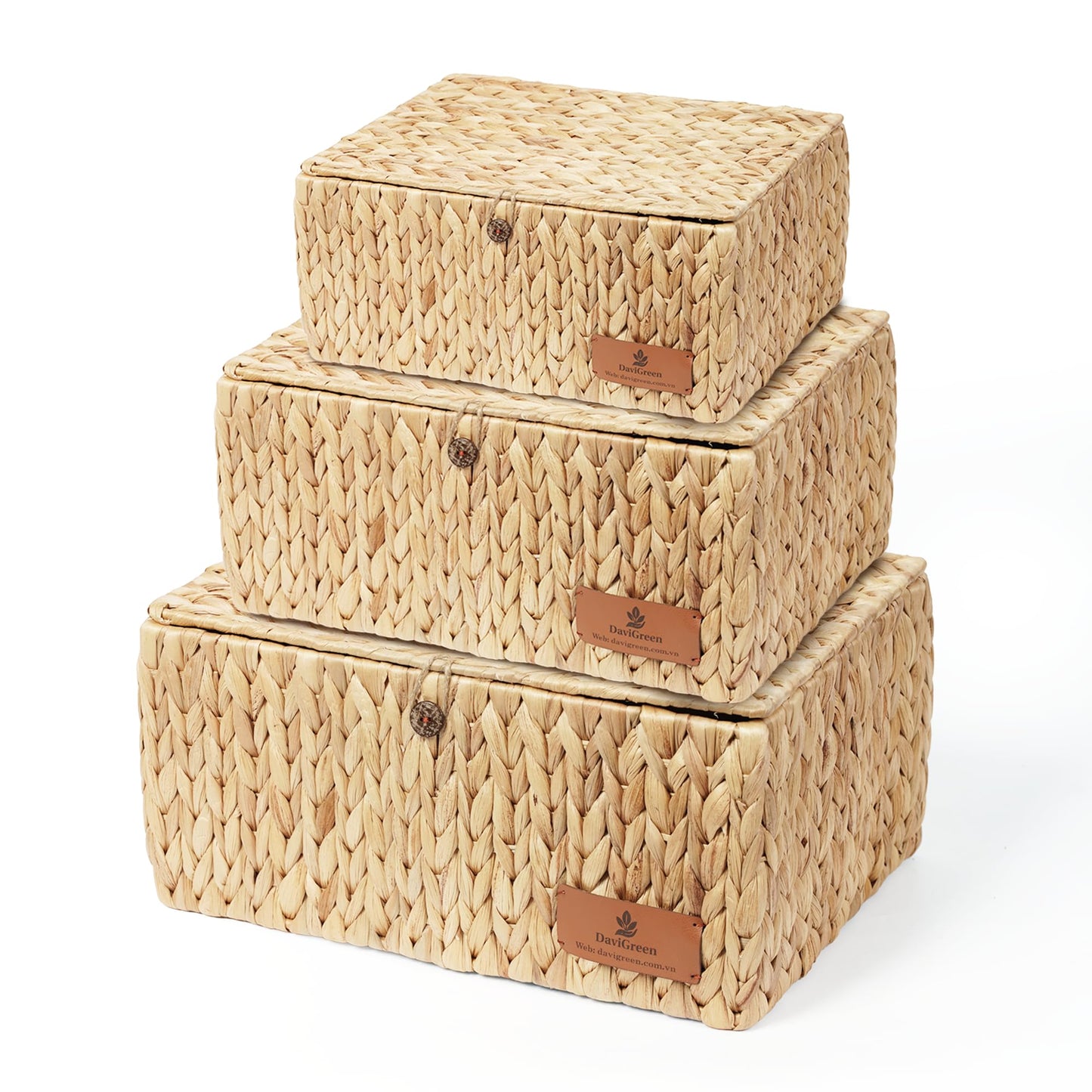 DaviGreen Storage Baskets with Lids, Set of 3 Wicker Storage Baskets for Storage, Water Hyacinth Basket with Lid, Rectangular Woven Storage Baskets for Shelves, Closet, Bedroom & Home Organization
