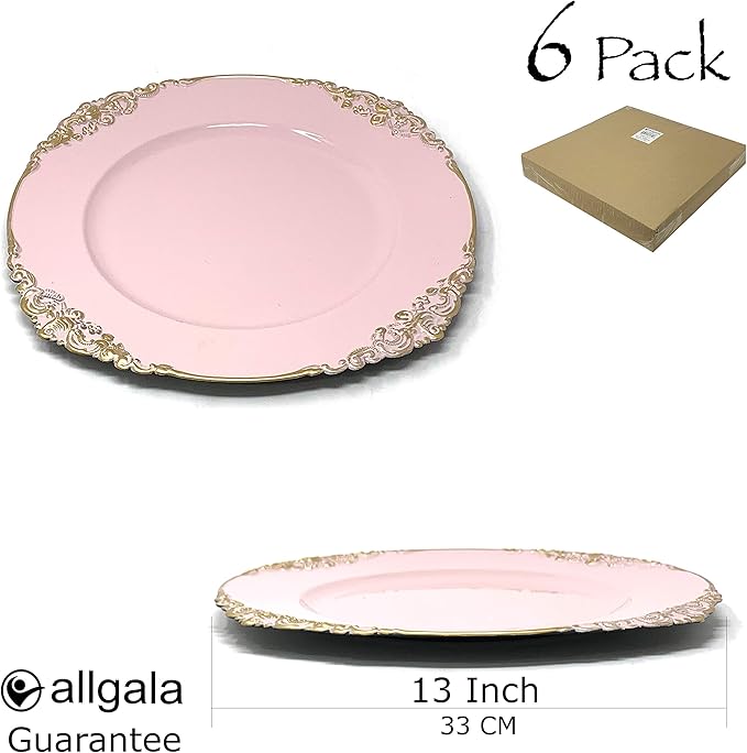 allgala 13-Inch 6-Pack Heavy Quality Round Charger Plates-Floral Pink-HD80345