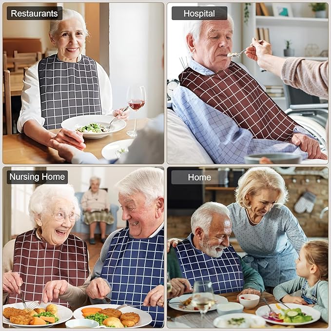 Adult Bibs, Waterproof Bib Clothing Protector with Crumb Catcher, Reusable Dining Bibs for Elderly, Men Women