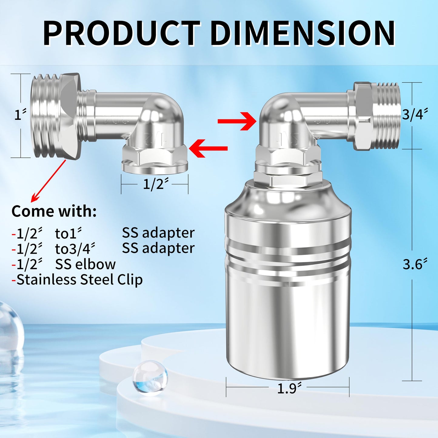 1/2" to 3/4" 1" Water Mini Float Valve,304 Stainless Steel Fully Automatic Level Controller Valve for Wate Tank, Livestock Troughs, Pool, Distiller