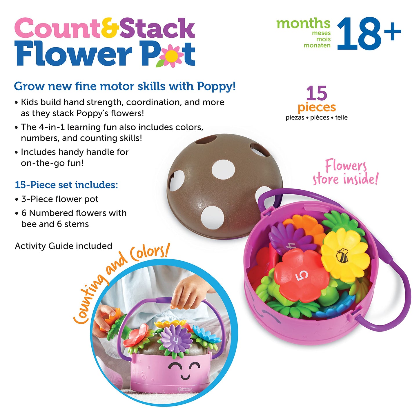 Learning Resources Poppy the Count & Stack Flower Pot - 15 Pieces, Ages 18+ Months, Toddler Fine Motor and Sensory Toys, Preschool Activity, Montessori