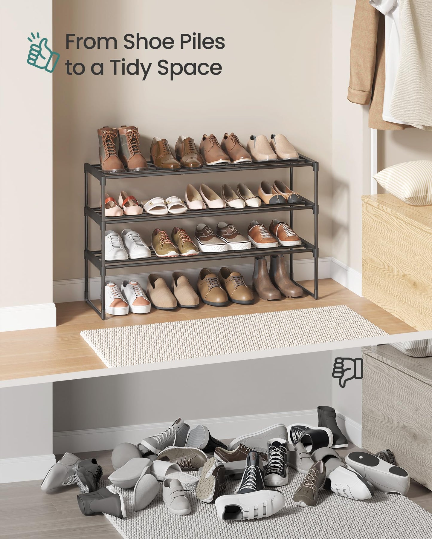 SONGMICS Shoe Rack, 3-Tier Shoe Organizer, Metal Storage Shelf, Upright or Upside Down, for 16-20 Pairs, Stackable, for Entryway, 11.8 x 36.2 x 21.7 Inches, Black ULSA303B02