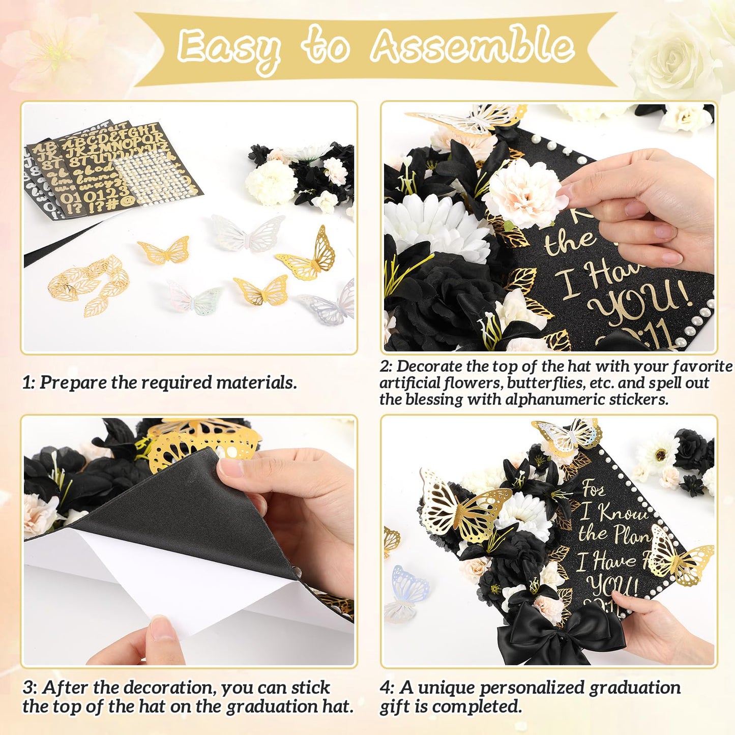 55 Pcs Black Gold DIY Graduation Cap Decorations Faux Assorted Flowers White Bows 3D Butterfly Stickers Glitter Alphabet Letter Number Decals for DIY Hat Grad Cap Topper Graduation Party Supplies
