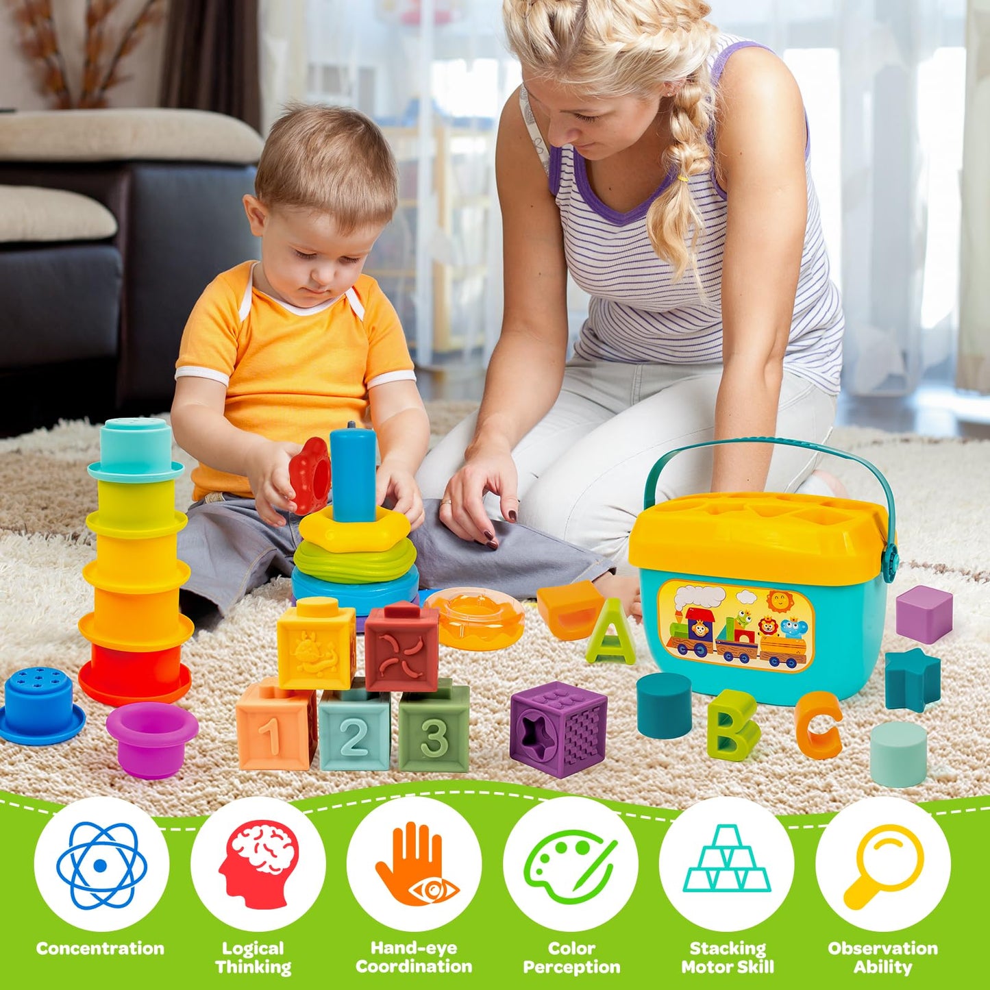GJOF2YK Montessori Baby Toys for Ages 6–18 Months with Sensory Shape Sorter Matching Game Toy Stacking Ring Soft Building Blocks Developmental Learning Toys for Toddlers 1+ Year Old