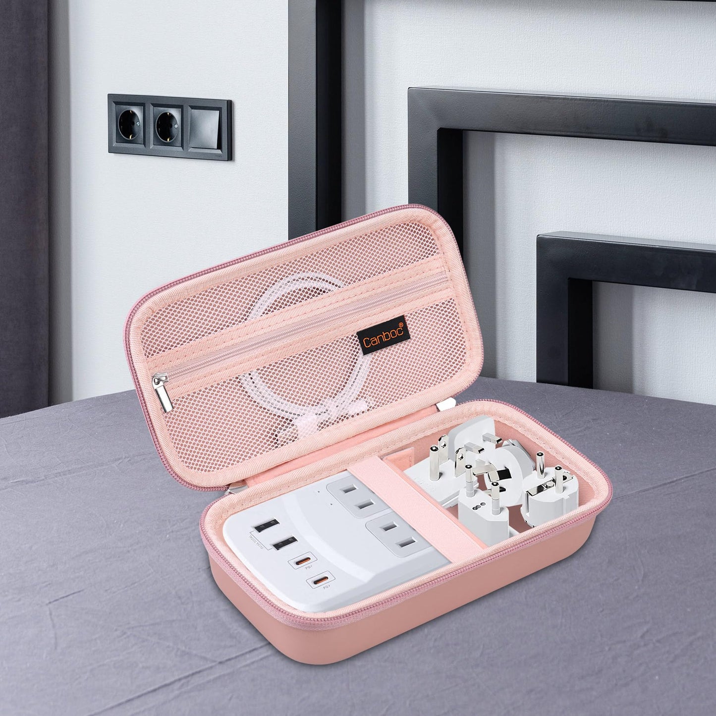 Canboc Carrying Case for Ceptics Universal Travel Adapter Kit, World Travel Adapter Kit Box with Removable Shoulder Strap, Zipper Mesh Bag fit USB Cable, Rose Gold (Case Only)