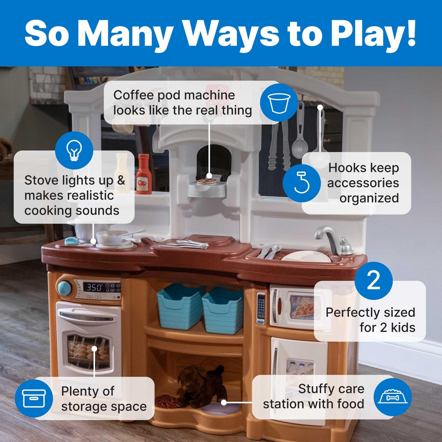 Step2 Fun with Friends Kids Kitchen Playset, Indoor/Outdoor Kitchenette, Interactive Play with Lights and Sounds, Durable Plastic, Includes 25 Piece Toy Accessories, Toddlers 2+ Years Old, Tan