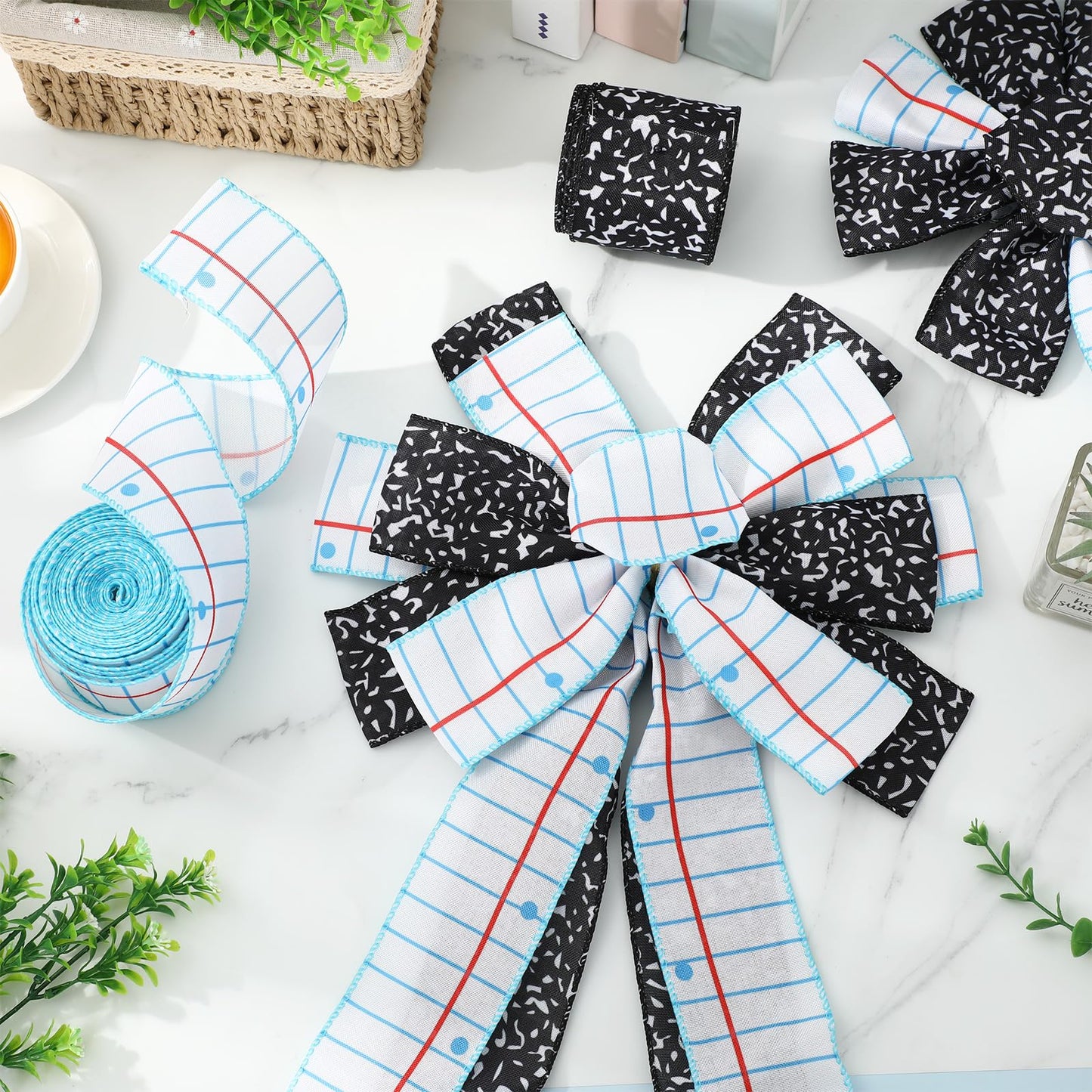 Whaline Back to School Wired Edge Ribbon 2.5 Inch Notebook Composition Fabric Wrapping Ribbon for First Day of School Classroom Party DIY Crafts Wreath Bow Making, 2 Rolls, 20 Yard