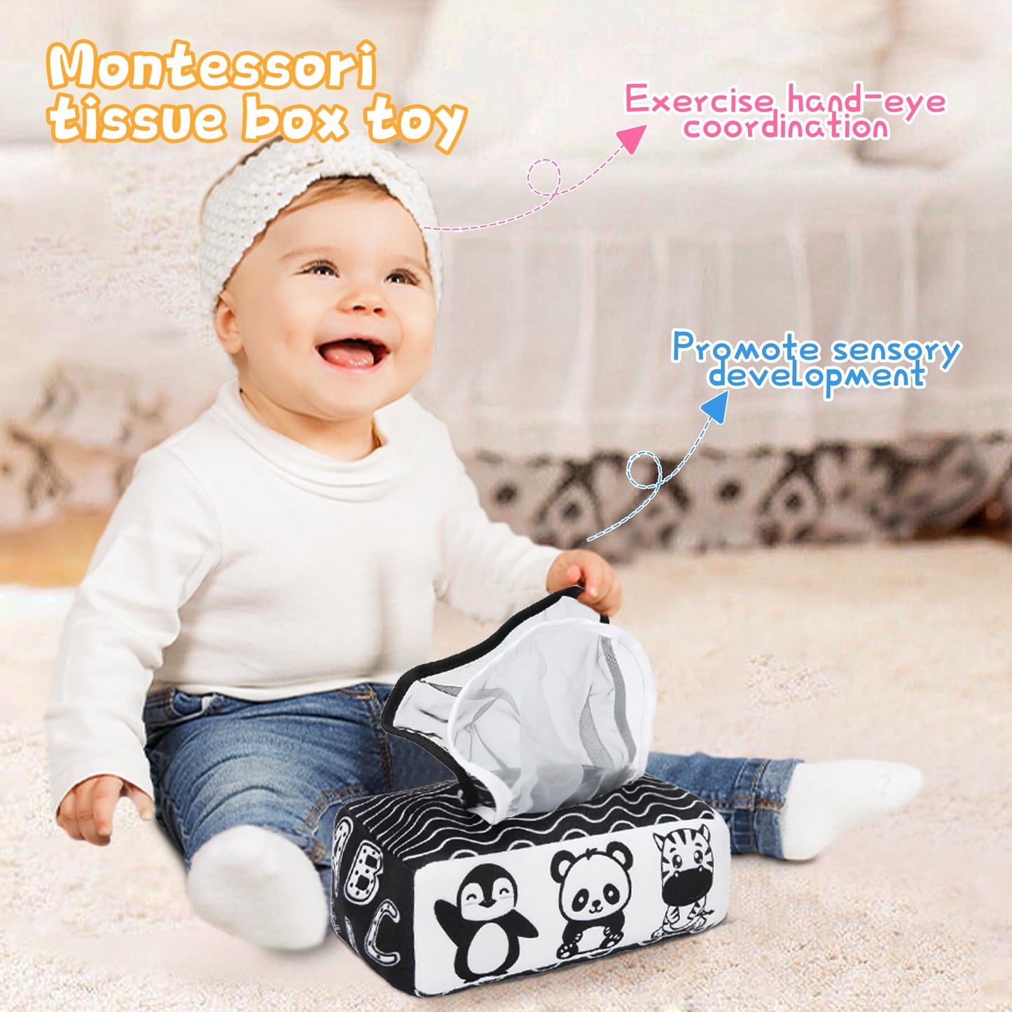 Yeeeasy Baby Tissue Box Toy High Contrast for Newborn Black and White Montessori Toy for Babies 3 Months Sensory Tissue Box