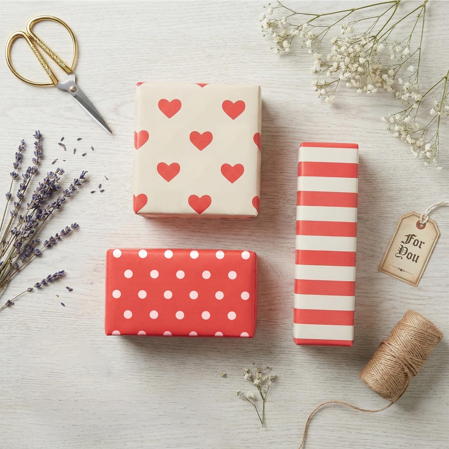 Gift Wrapping Paper, 3PC Gift Wrap Set with Hearts, Stripes, and Polka Dots, 17 x 200 inch Each, Elegant Red and White Designs for Wedding, Anniversary, Bridal or Baby Shower Mothers day Gifts