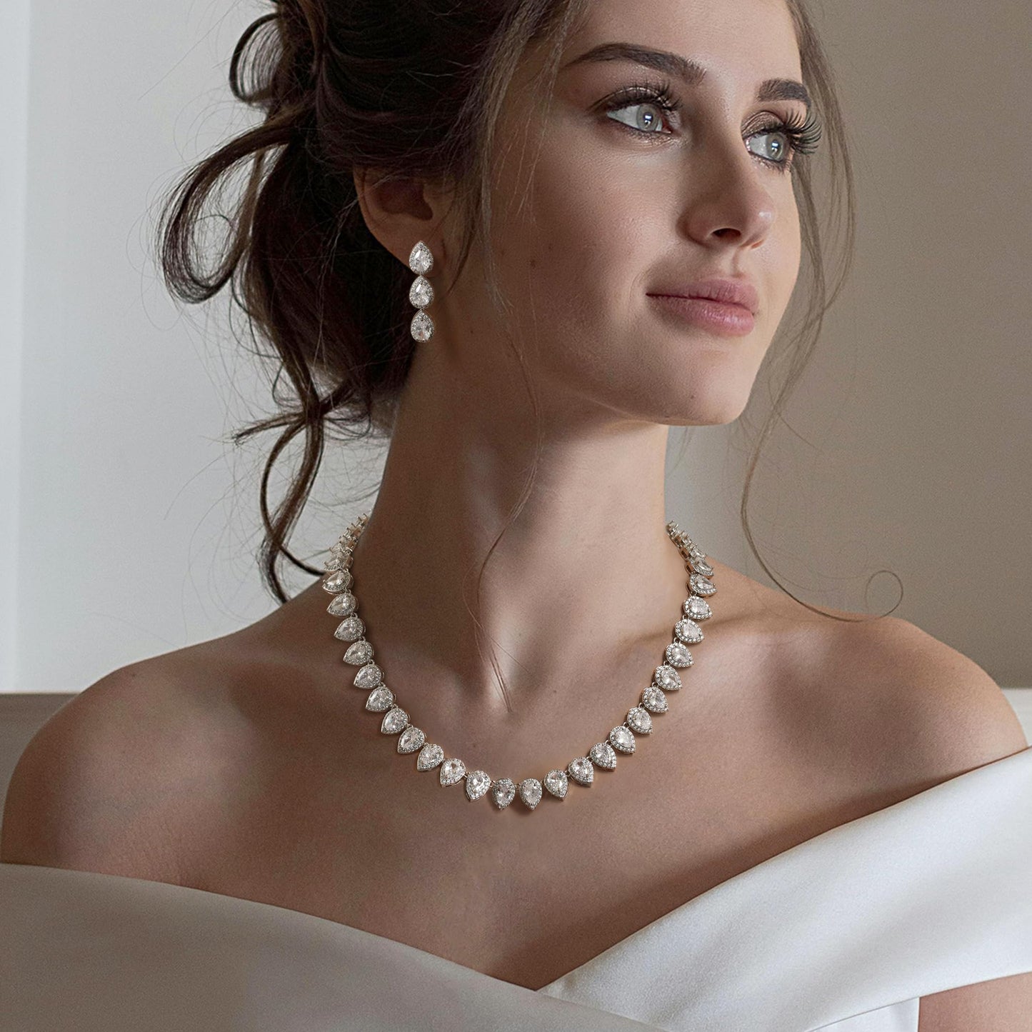 EleQueen Women's Wedding Bridal Full Prong Cubic Zirconia Teardrop Necklace Earrings Set for Brides Bridesmaids Clear Color