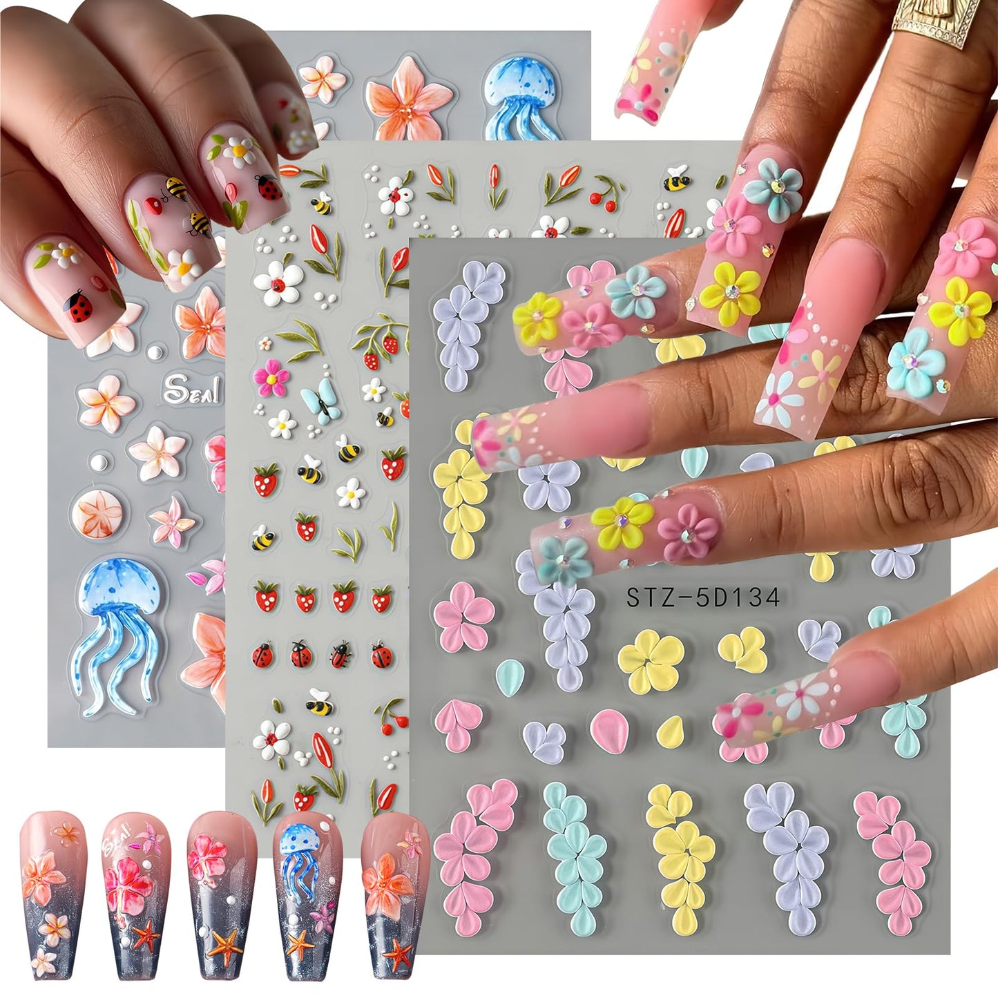3 Sheets Flower Nail Art Stickers Decals 5D Self-Adhesive Nail Decals Spring/Summer Sea Style Designs, Self-Adhesive Decals for Women's Nail DIY Decoration