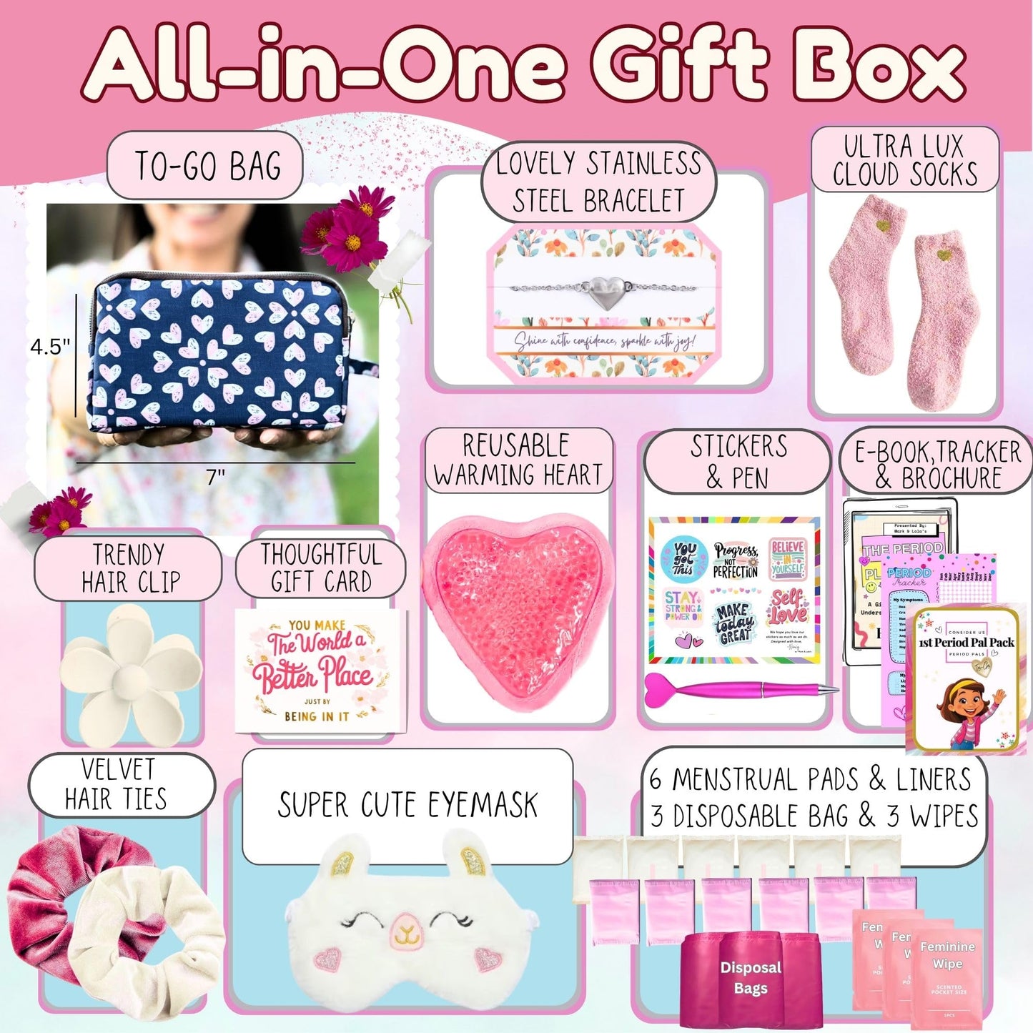 Mark and Lola’s First Period Pal Pack Gift Box | First Period Kit for Tweens & Teens | Pads, Panty Liners, Confidence-Boosting Essentials, First Period Gift Box & Discreet Bag (Hearts)