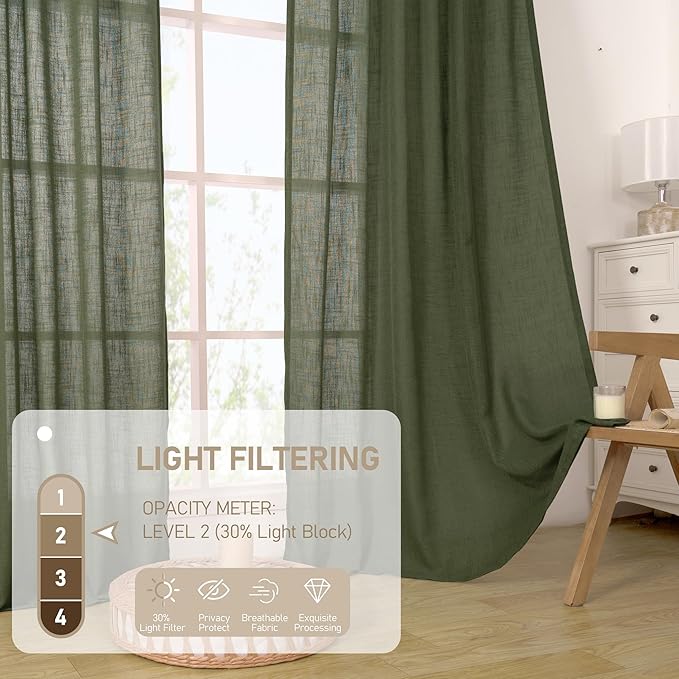 LAMIT Olive Green Linen Curtains for Living Room 84 inch Length 2 Panels, Light Filtering Semi Sheer Panels Back Tab and Rod Pocket Boho Christmas Drapes for Bedroom/Farmhouse, 38 x 84 Inch