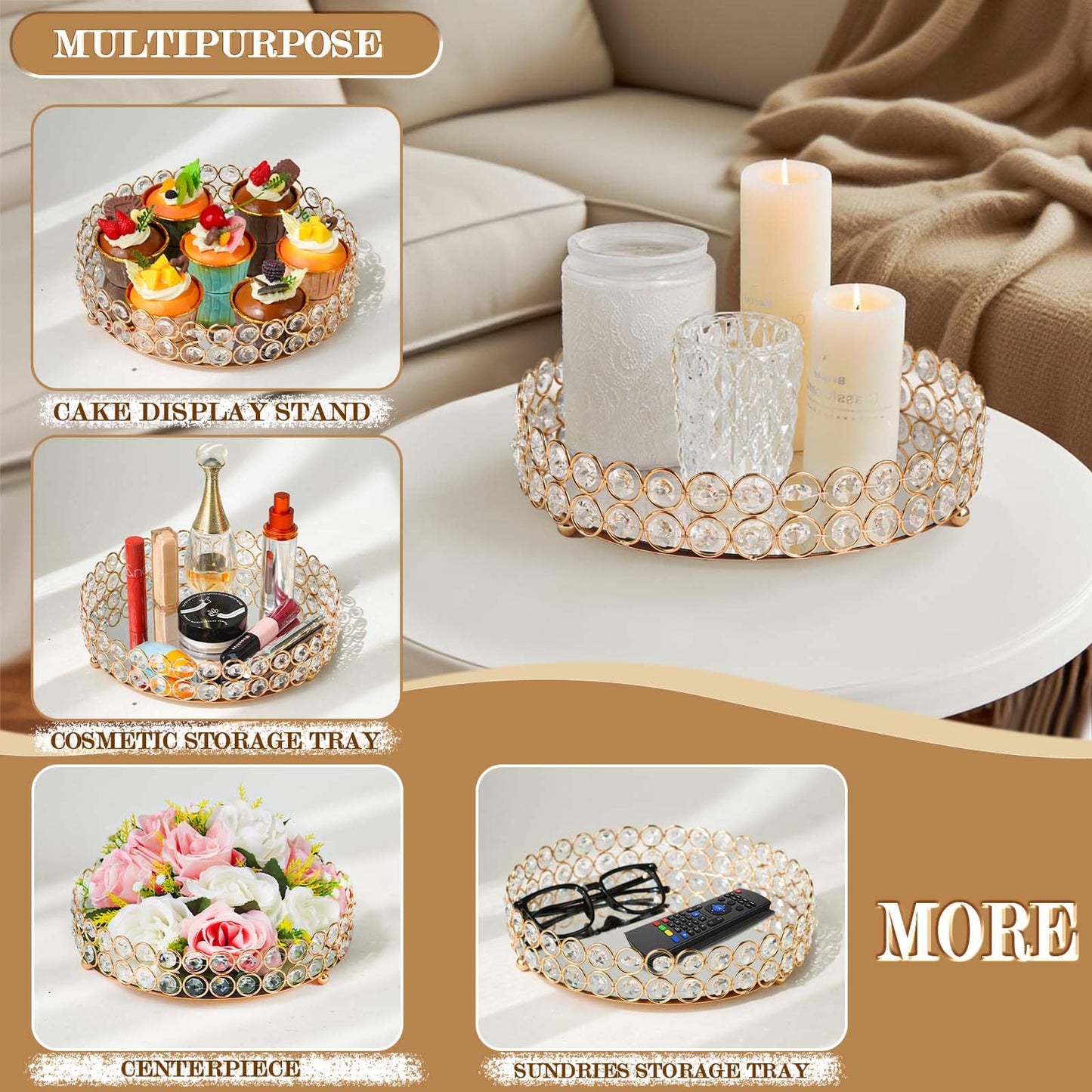 Elegant Decorative Trays & Crystal Fruit 4pcs Set, Crystal Tea Light Holder - Wedding Centerpieces for Holidays, Home Table Decorations, Fruit Displays and Candle Holders (Gold, Round Set of Four)