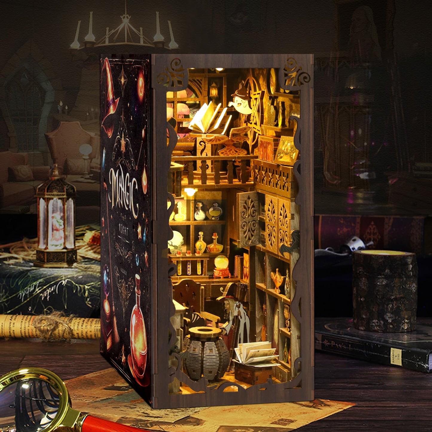 NEXTIPS Magic Academy Book Nook Kit with LED Lights - 3D Wooden DIY Miniature Library for Bookshelf Decor, Gift for Harry Potter Fans