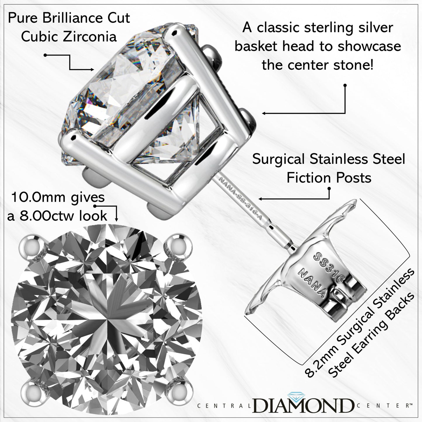 Central Diamond Center Round Simulated Diamond Stud Earrings Hypoallergenic Metal & Sterling Silver CZ - 10.0mm (8.00cttw) Rose