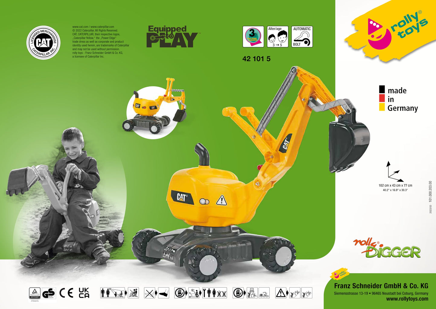 rolly toys CAT Construction Ride-On: 360-Degree Excavator/Shovel Digger, Youth Ages 3+ , Yellow