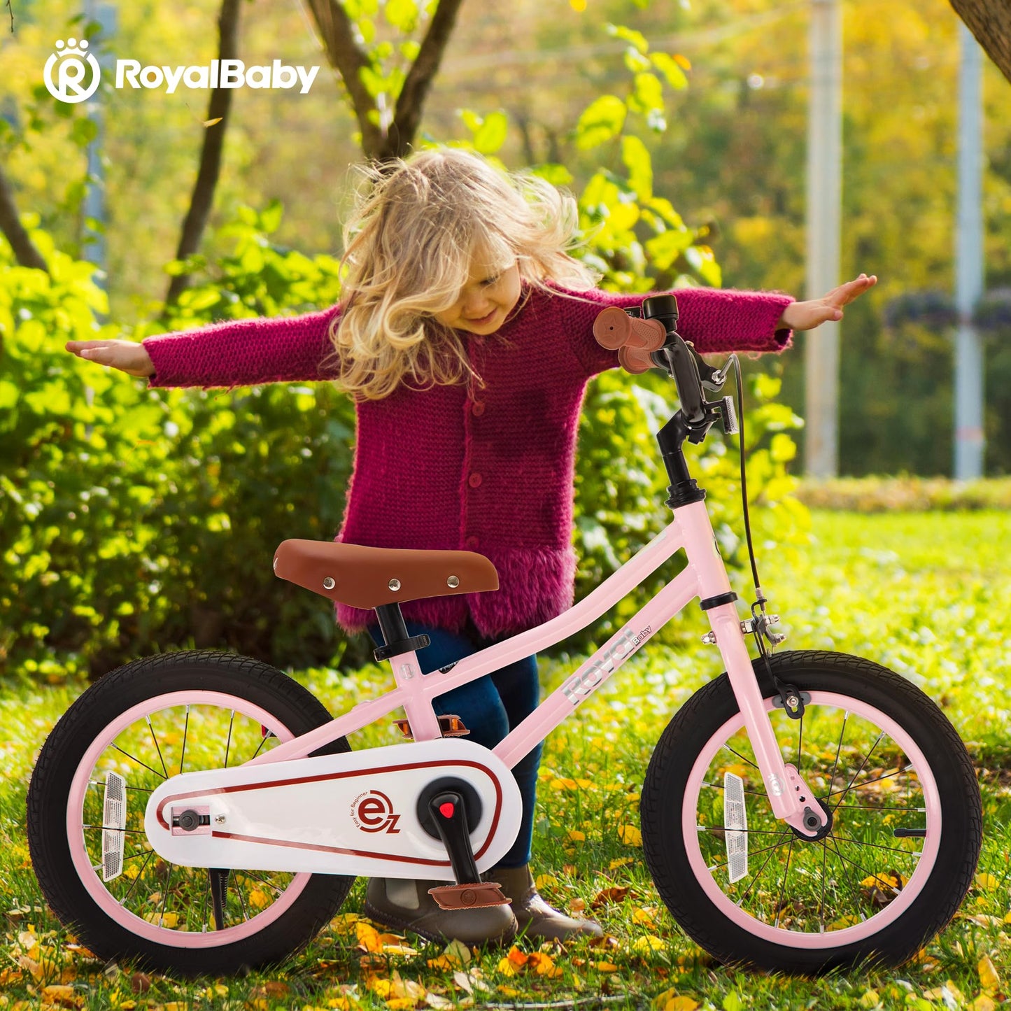 RoyalBaby Terra EZ Kids Bike, Easy Learn Balancing to Biking, 14 Inch Balance & Pedal Bicycle, Instant Assembly Toddlers Boys Girls Ages 3-6 Years, 14" Pink