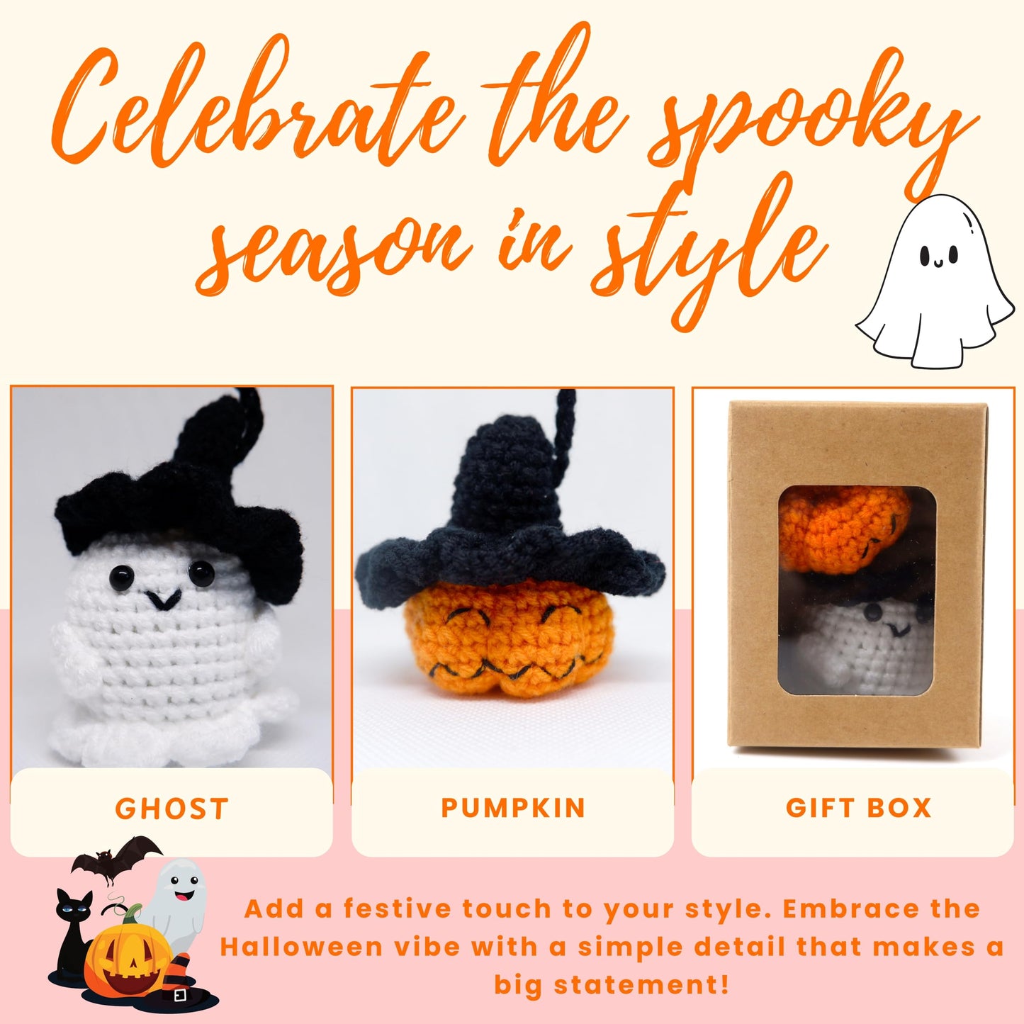 Crochet Pumpkin Ghost Car Hanging Decor, Handmade Ghost And Pumpkin Car Hanging Rear View Mirror Ornament Decoration, Cute Cars Accessories, Halloween Ornaments (Ghost&Pumpkin)