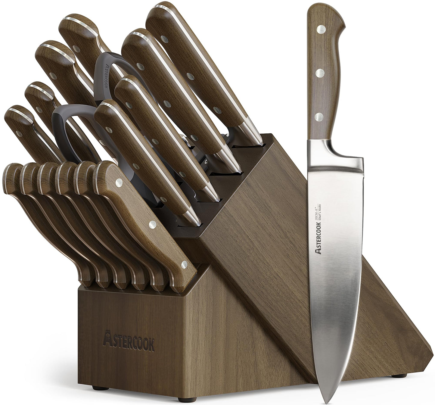 Astercook 17-Piece Knife Block Set with Built-in Sharpener, German Stainless Steel Full Tang Kitchen Knives, Ergonomic Walnut Handle Cutlery Set for Home Cooking & Gifting