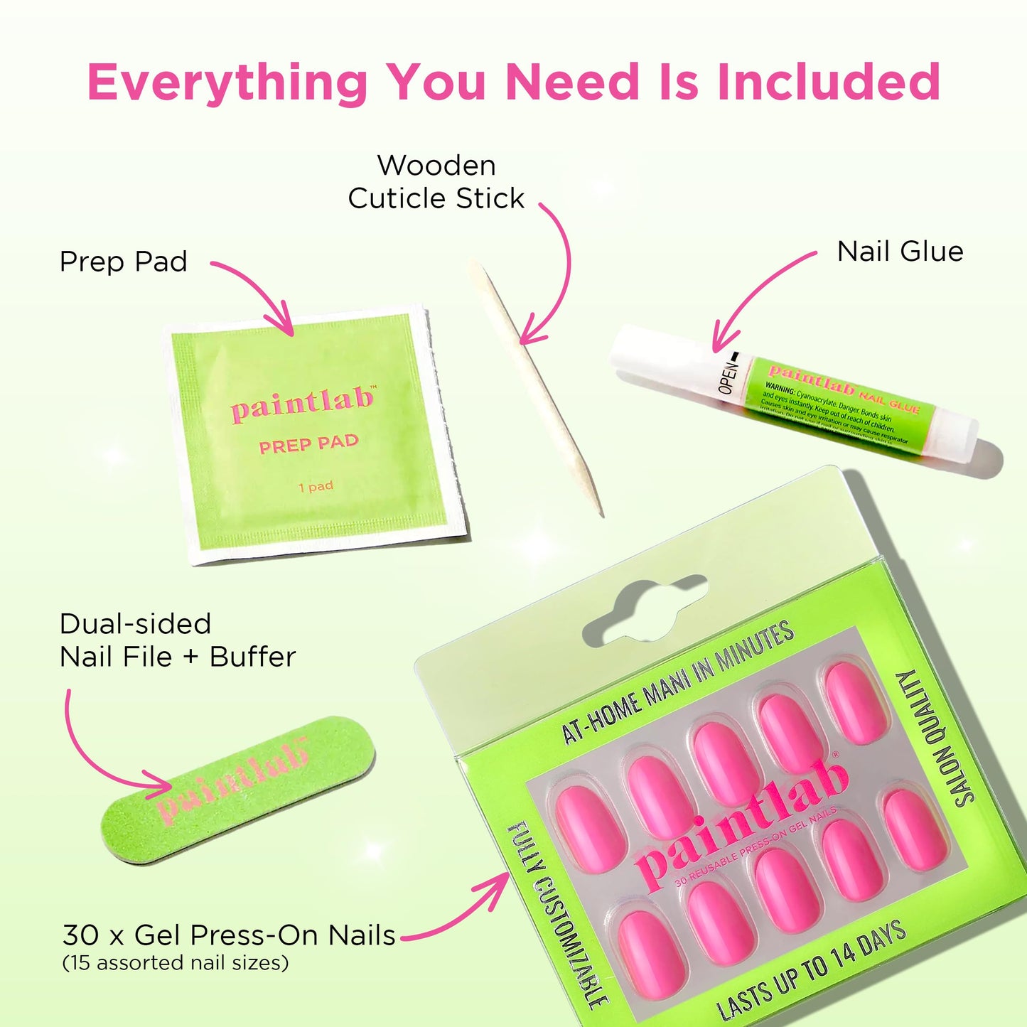 PaintLab Press-On Nails Manicure Kit, Signature Pink, 30-Piece Set, Long-Lasting Fake Nails with Glue, File, Prep Pad & Cuticle Stick
