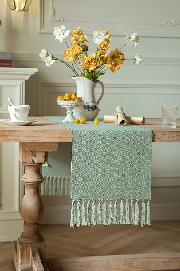 ZeeMart Sage Table Runners 90 Inches Long, Burlap Linen Style Rustic Farmhouse Table Runner, Long Boho Dining Table Runner, 13x90 Inches, Seafoam
