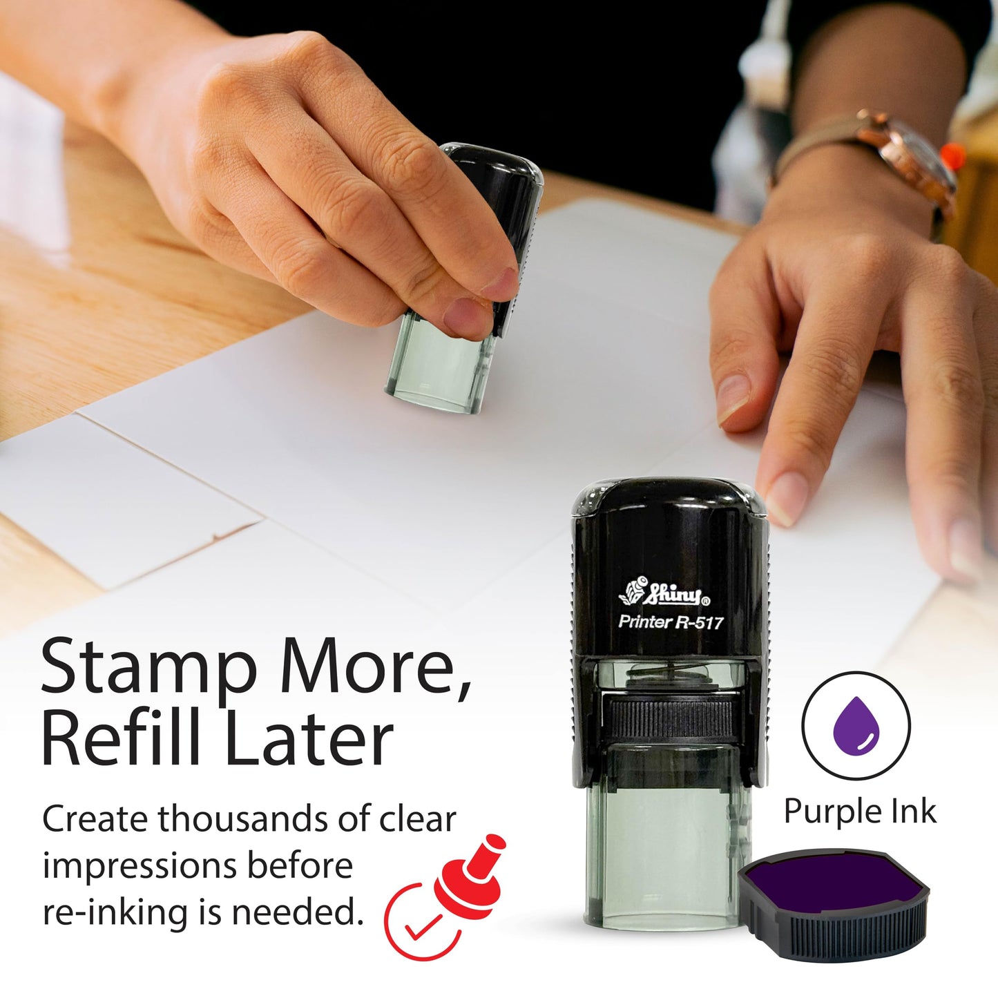 Shiny Pleasure Serving You Stamp, Round Self Inking Stamp for Office and Retail, Purple Ink