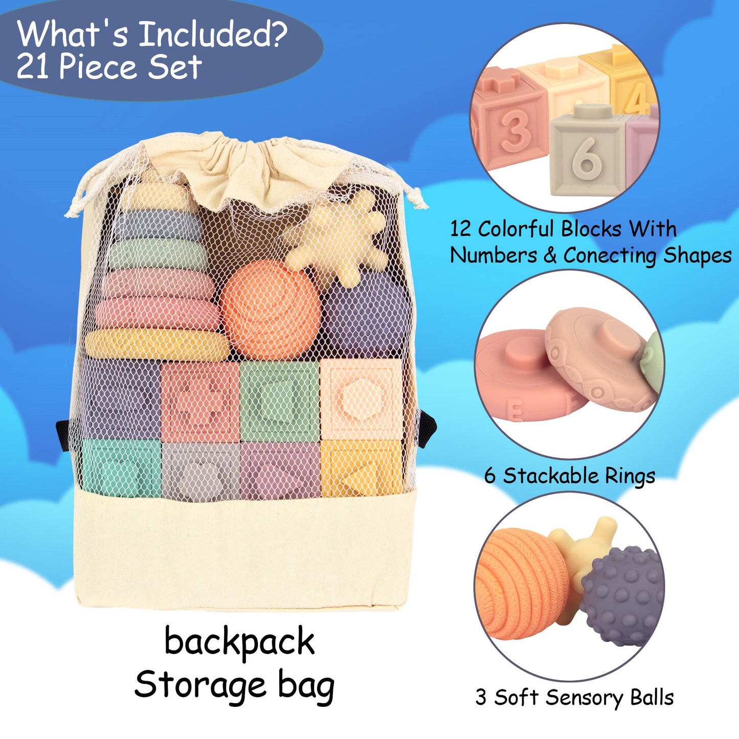 21PCS Montessori Toys for Babies,Teething Toys for Babies Months, 6 Months+, Early Educational Learning Stacking Tower, Sensory for Toddlers 1-3, Soft Rings Stacker & Teethers