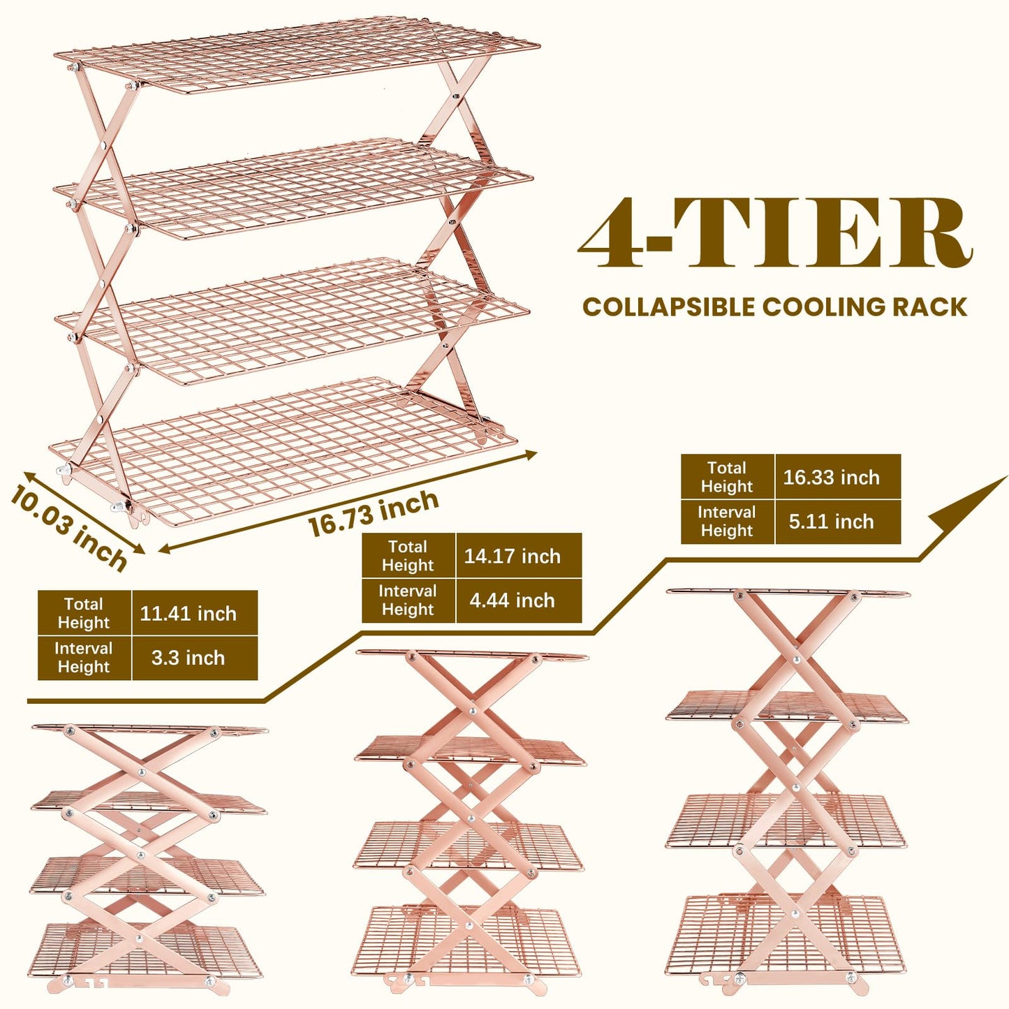 BEWOS 4 Tier Collapsible Cooling Rack - Adjustable Stainless Steel Baking Rack with Mesh Leak Proof，Foldable X-Shaped Structure Cooling Racks for Cooking and Baking, Dishwasher Safe（ Rose Gold）